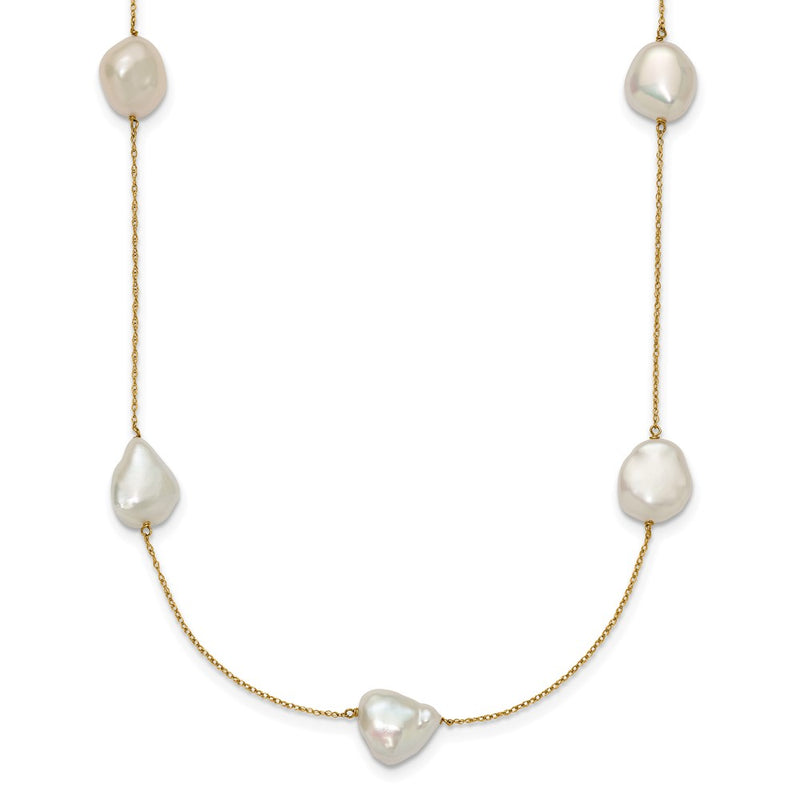 14K Yellow Gold 10 11mm White Keshi Freshwater Cultured Pearl 7 Station 20 Inch Necklace