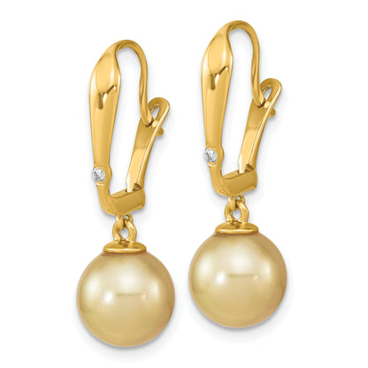 14K Yellow Gold 9 10mm Round Golden South Sea Saltwater Cultured Pearl And .02 Carat Diamond Post Earrings