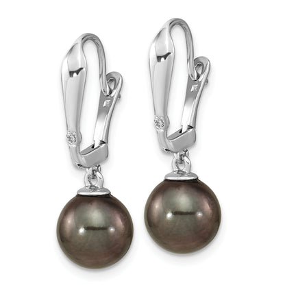 14K White Gold 9 10mm Black Round Tahitian Saltwater Cultured Pearl And .02 Carat Diamond Leverback Dangle Earrings