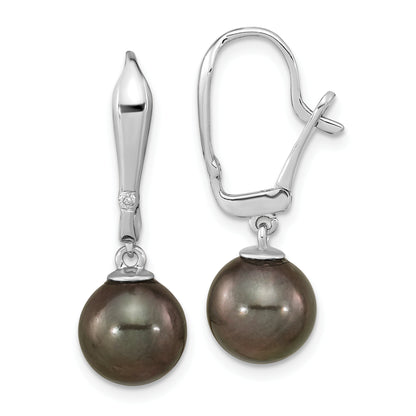 14K White Gold 9 10mm Black Round Tahitian Saltwater Cultured Pearl And .02 Carat Diamond Leverback Dangle Earrings