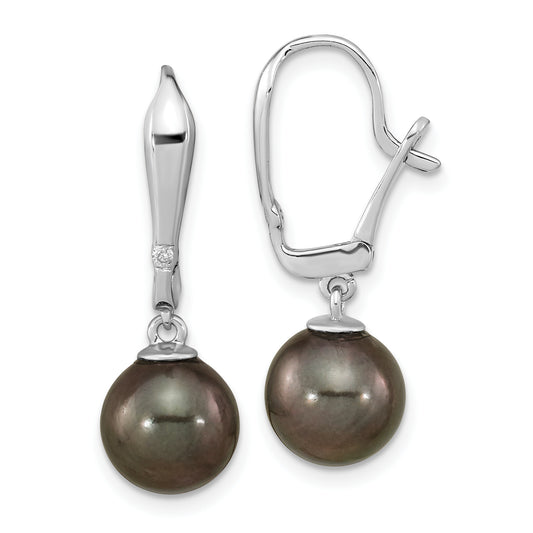 14K White Gold 9 10mm Black Round Tahitian Saltwater Cultured Pearl And .02 Carat Diamond Leverback Dangle Earrings