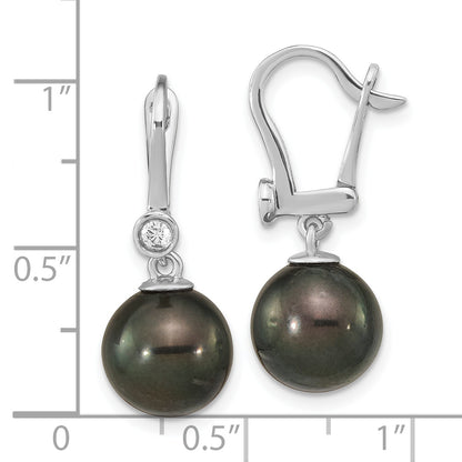 14K White Gold 9 10mm Black Round Tahitian Saltwater Cultured Pearl And .10 Carat Diamond Leverback Dangle Earrings