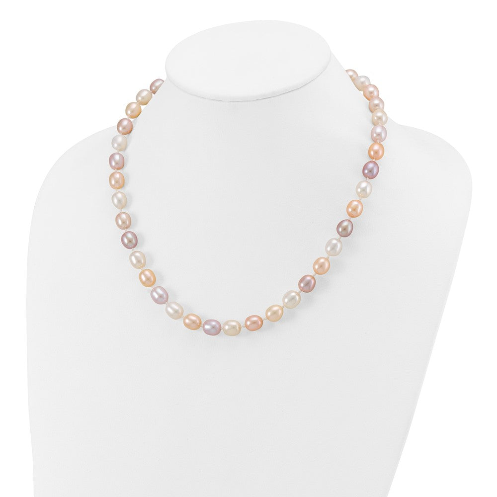 14K Yellow Gold 8 9mm Pink/Purple/White Alternating Color Rice Freshwater Cultured Pearl 18 Inch Necklace