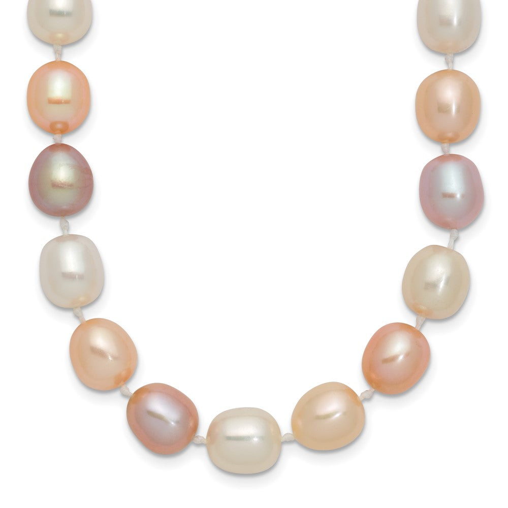 14K Yellow Gold 8 9mm Pink/Purple/White Alternating Color Rice Freshwater Cultured Pearl 18 Inch Necklace