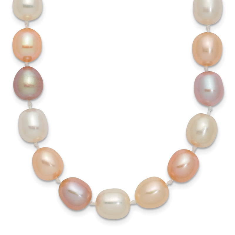 14K Yellow Gold 8 9mm Pink/Purple/White Alternating Color Rice Freshwater Cultured Pearl 18 Inch Necklace