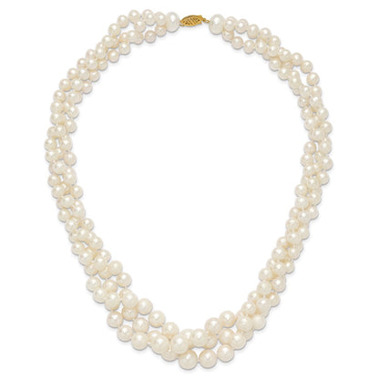 14K Yellow Gold 5 9mm White Semi Round Freshwater Cultured Pearl Multi Strand 19 Inch Necklace