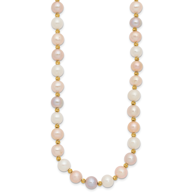 14K Yellow Gold 8 9mm Pink/Purple/White Semi Round Freshwater Cultured Pearl And Diamond Cut Beaded 18 Inch Necklace