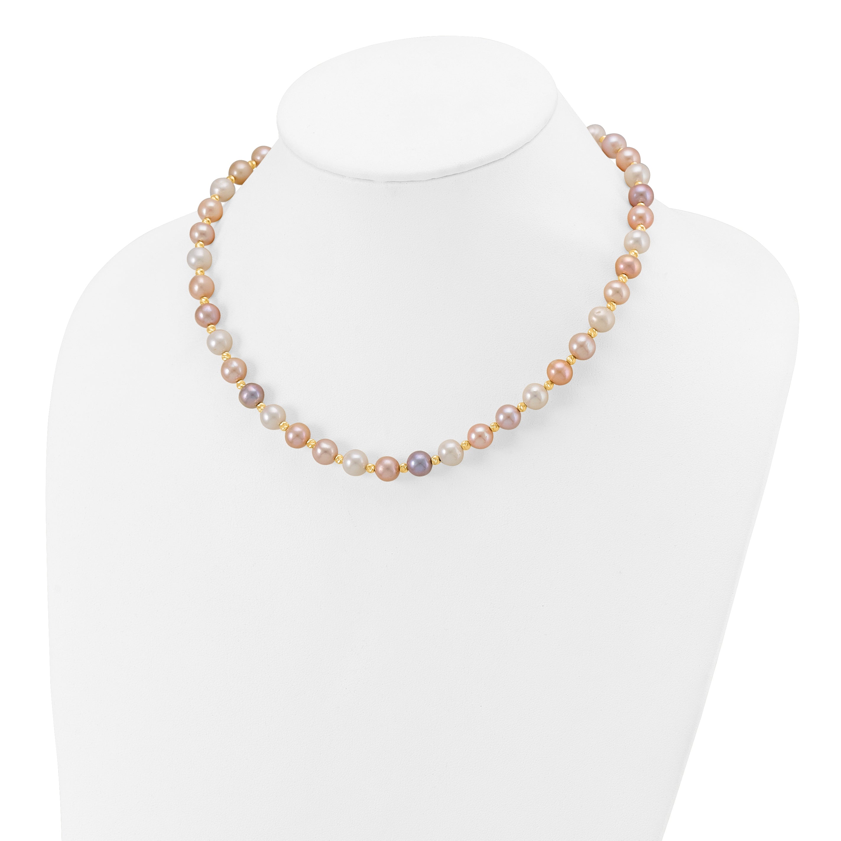 14K Yellow Gold 8 9mm Pink/Purple/White Semi Round Freshwater Cultured Pearl And Diamond Cut Beaded 18 Inch Necklace
