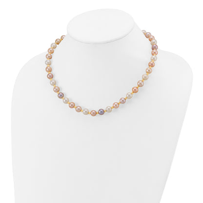 14K Yellow Gold 8 9mm Pink/Purple/White Semi Round Freshwater Cultured Pearl And Diamond Cut Beaded 18 Inch Necklace