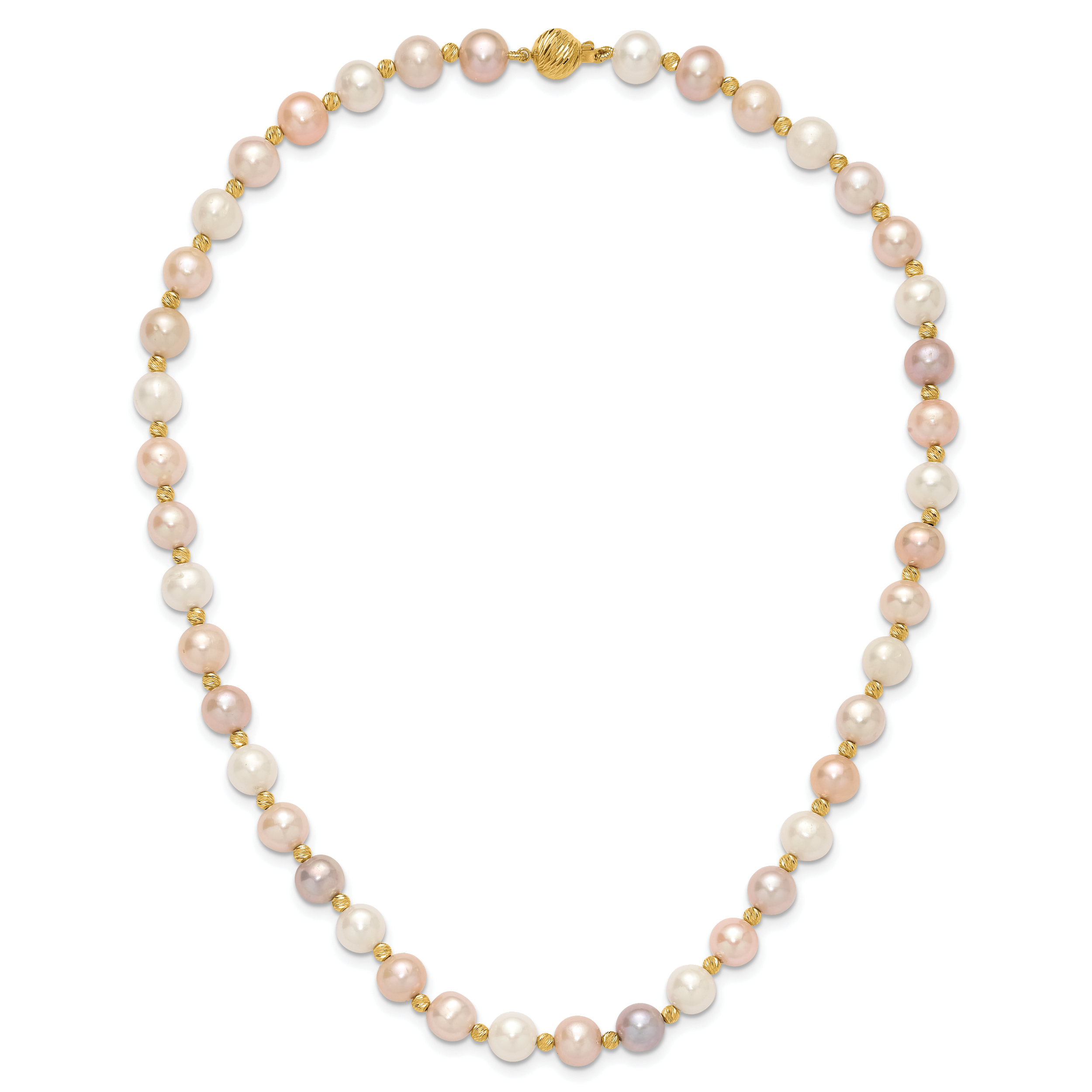 14K Yellow Gold 8 9mm Pink/Purple/White Semi Round Freshwater Cultured Pearl And Diamond Cut Beaded 18 Inch Necklace