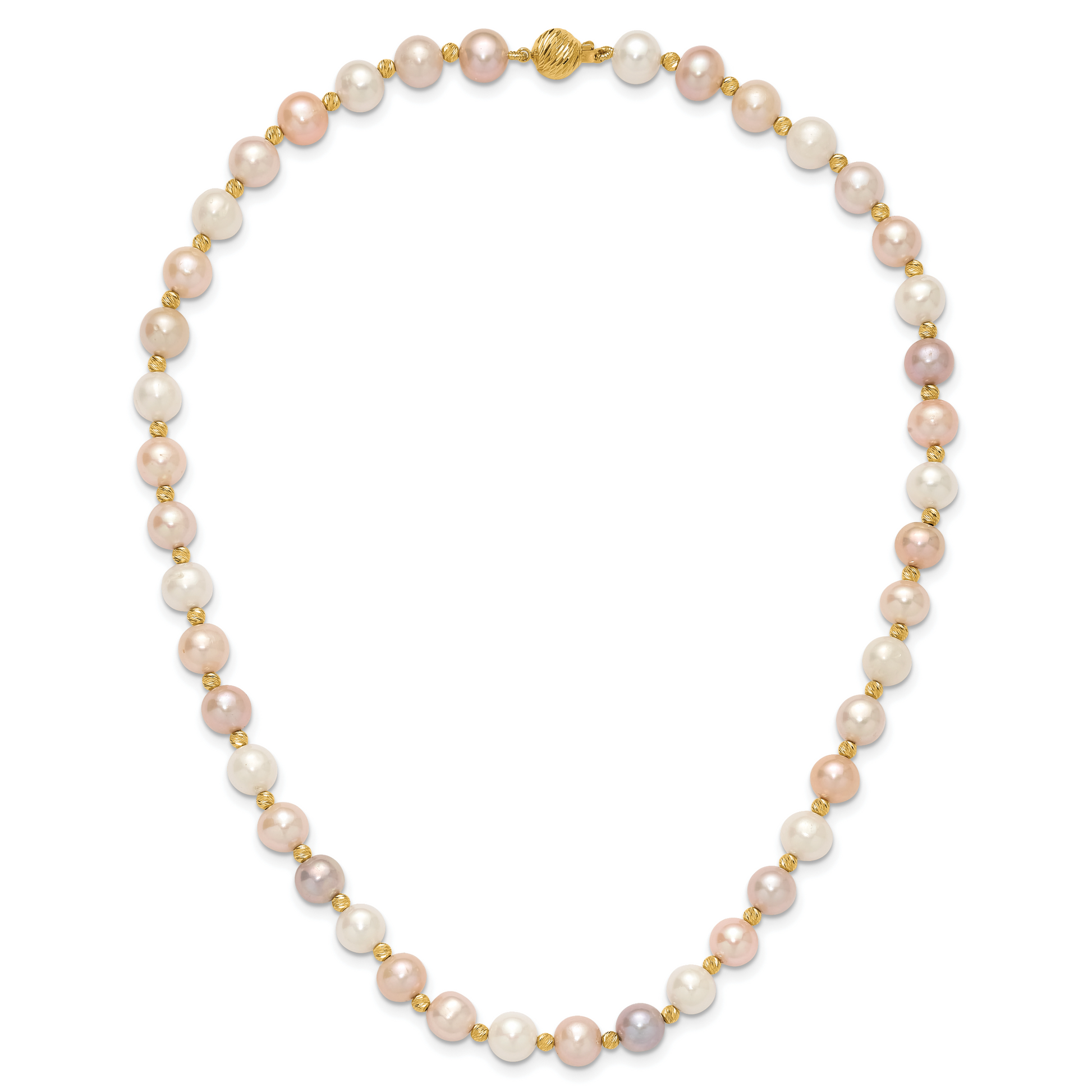 14K Yellow Gold 8 9mm Pink/Purple/White Semi Round Freshwater Cultured Pearl And Diamond Cut Beaded 18 Inch Necklace