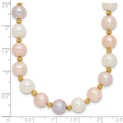 14K Yellow Gold 8 9mm Pink/Purple/White Semi Round Freshwater Cultured Pearl And Diamond Cut Beaded 18 Inch Necklace