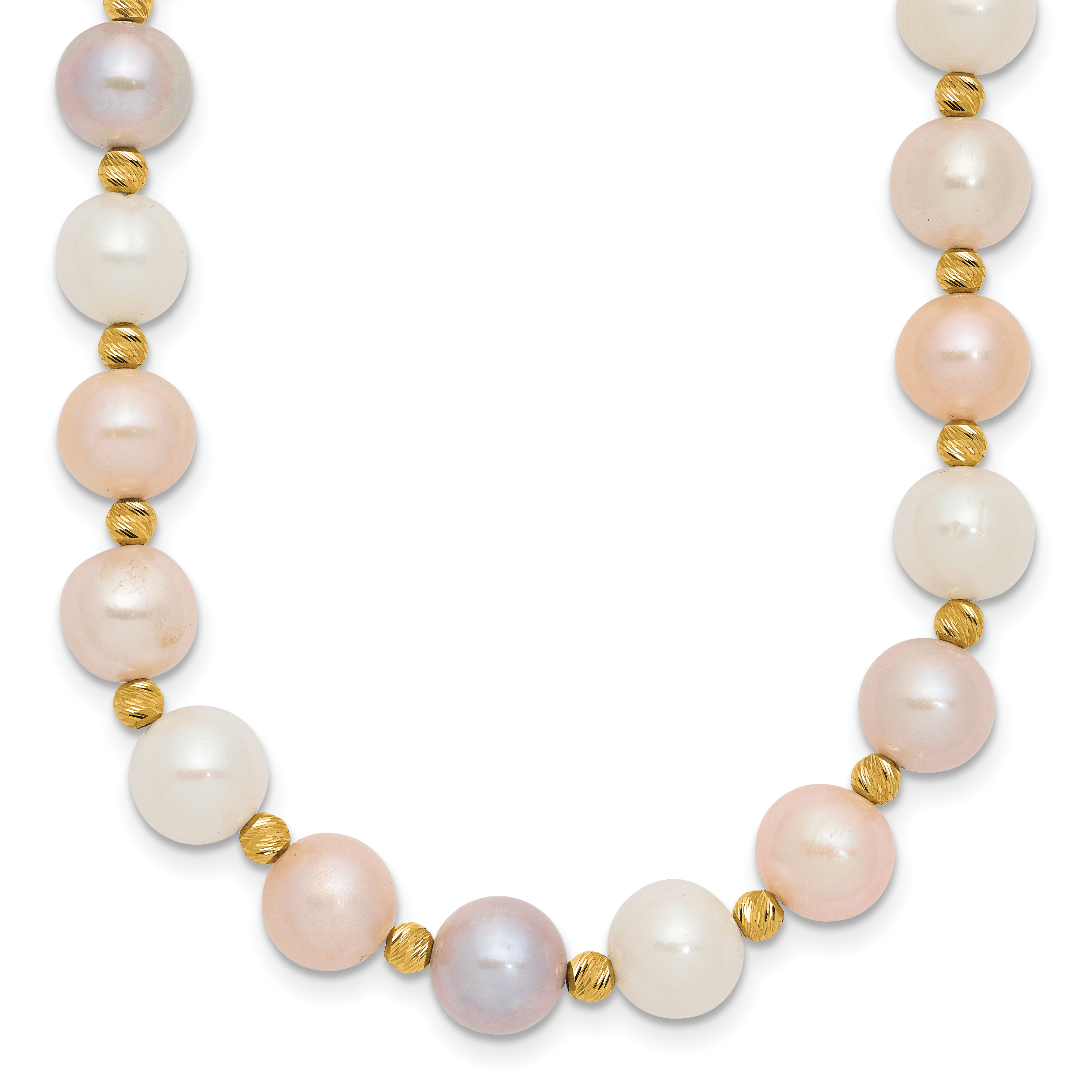 14K Yellow Gold 8 9mm Pink/Purple/White Semi Round Freshwater Cultured Pearl And Diamond Cut Beaded 18 Inch Necklace