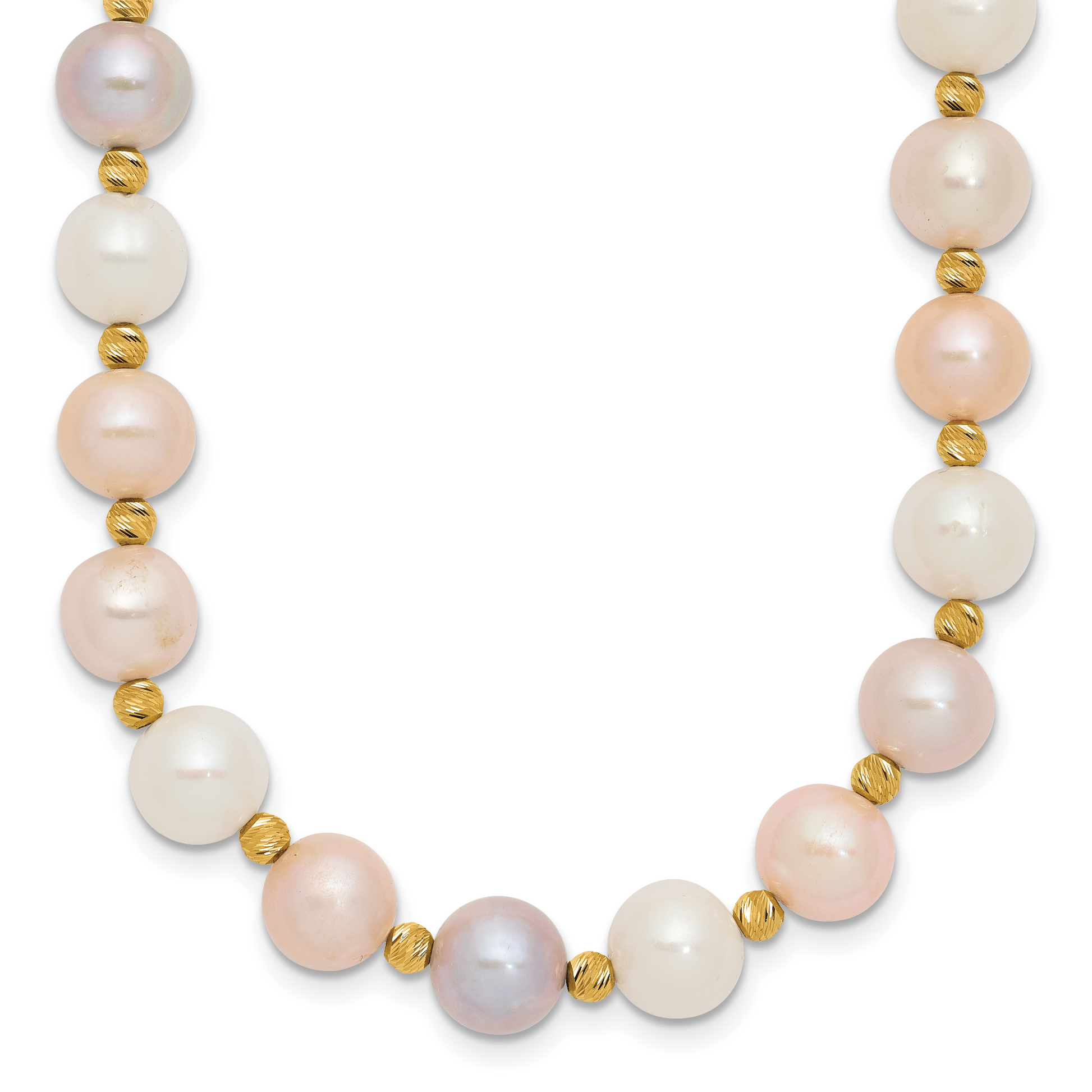 14K Yellow Gold 8 9mm Pink/Purple/White Semi Round Freshwater Cultured Pearl And Diamond Cut Beaded 18 Inch Necklace