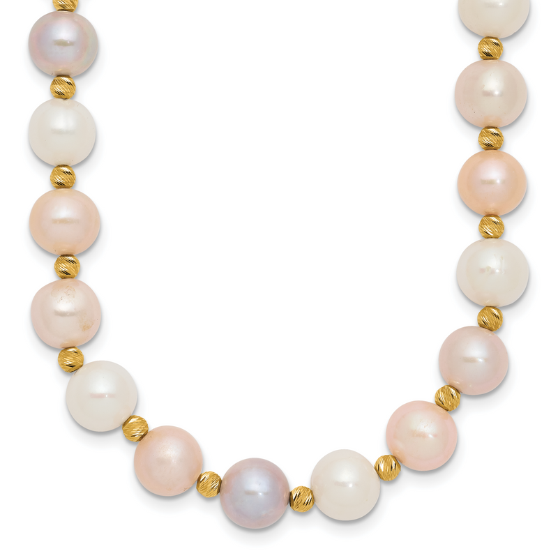 14K Yellow Gold 8 9mm Pink/Purple/White Semi Round Freshwater Cultured Pearl And Diamond Cut Beaded 18 Inch Necklace