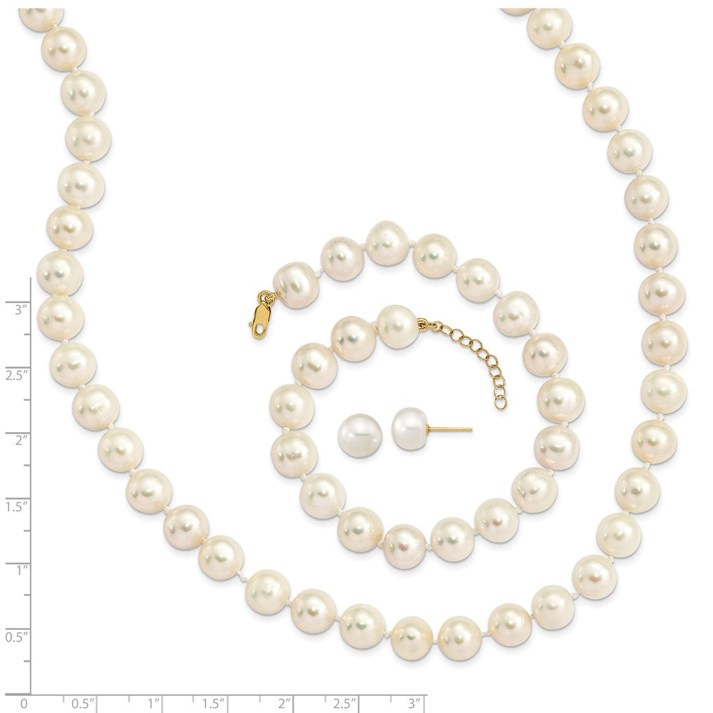 14K Yellow Gold 8-9mm Near Rnd Fwc Pearl Earring w/1in Ext Bracelet w/2in Necklace Set