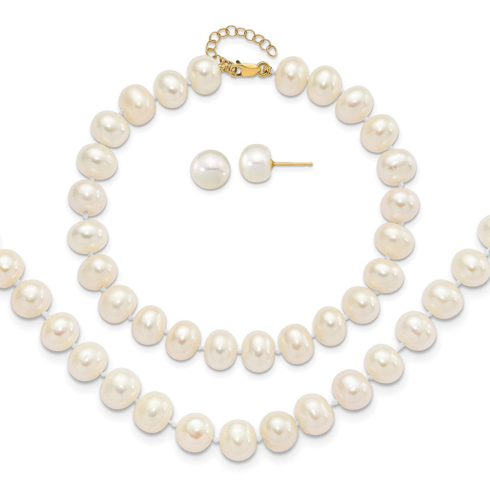 14K Yellow Gold 8-9mm Near Rnd Fwc Pearl Earring w/1in Ext Bracelet w/2in Necklace Set