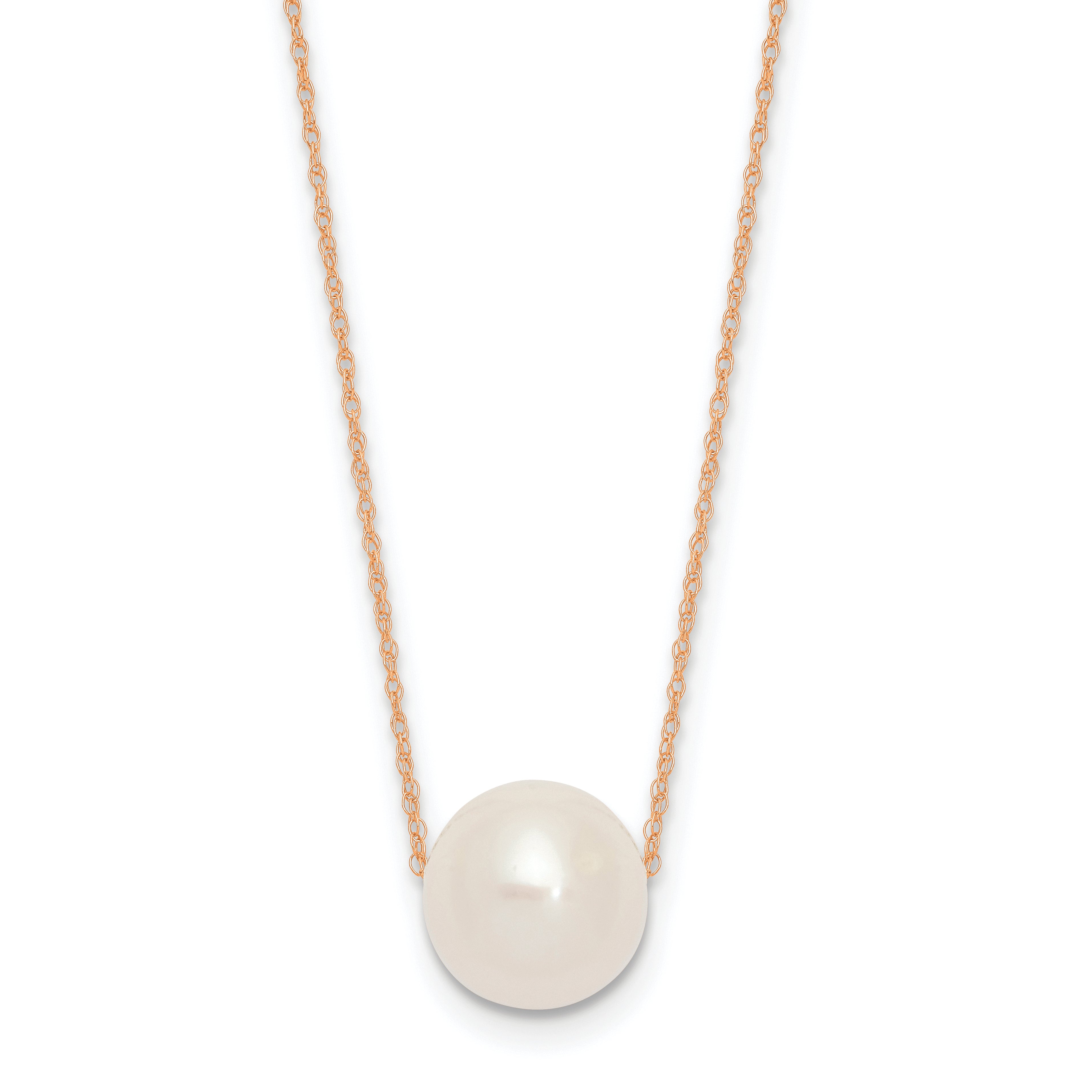 14K Rose Gold 10 11mm White Semi Round Freshwater Cultured Pearl Rope 17 Inch Necklace