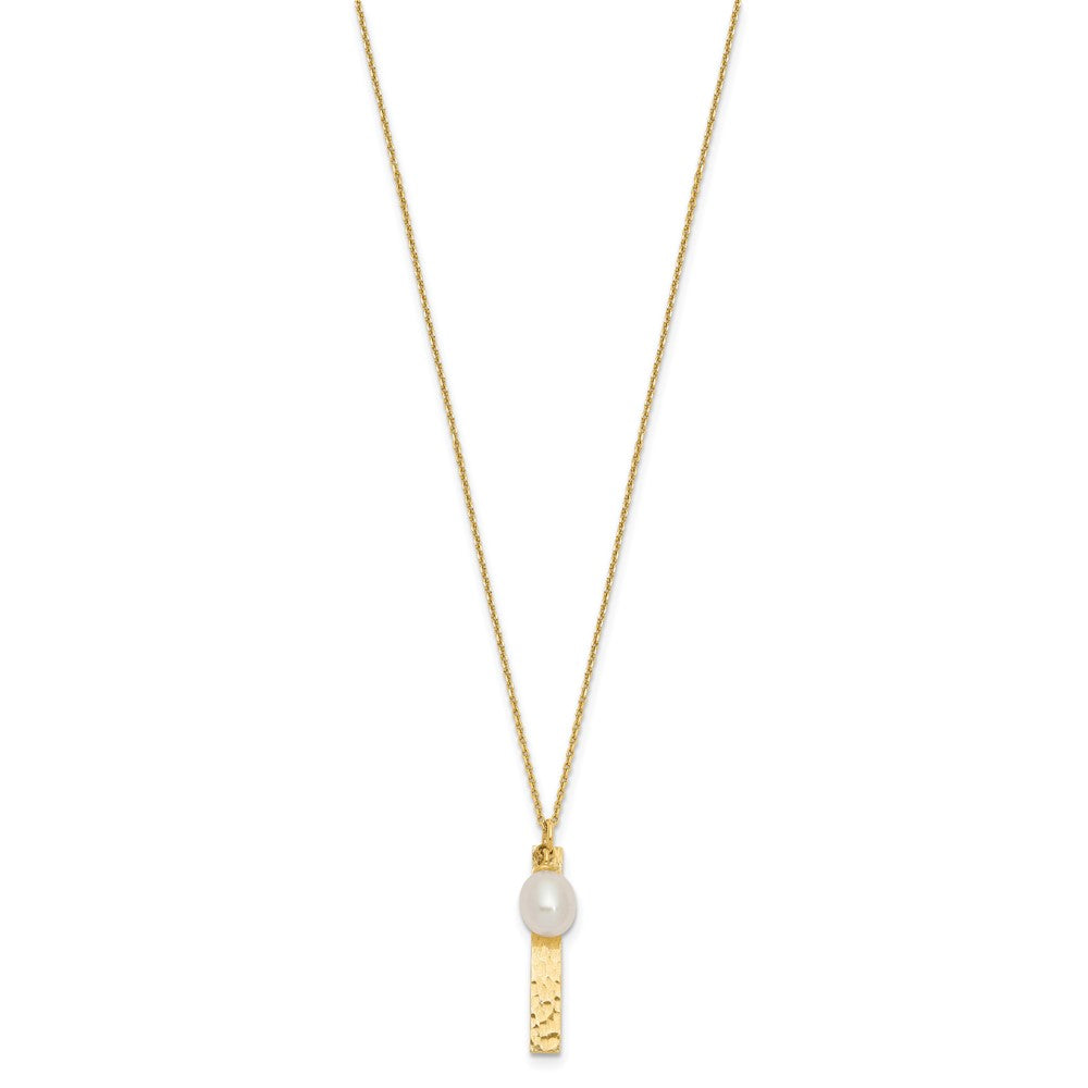 14K Yellow Gold Brushed And Hammered 6 7mm White Rice Freshwater Cultured Pearl 17 Inch Necklace