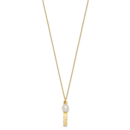 14K Yellow Gold Brushed And Hammered 6 7mm White Rice Freshwater Cultured Pearl 17 Inch Necklace