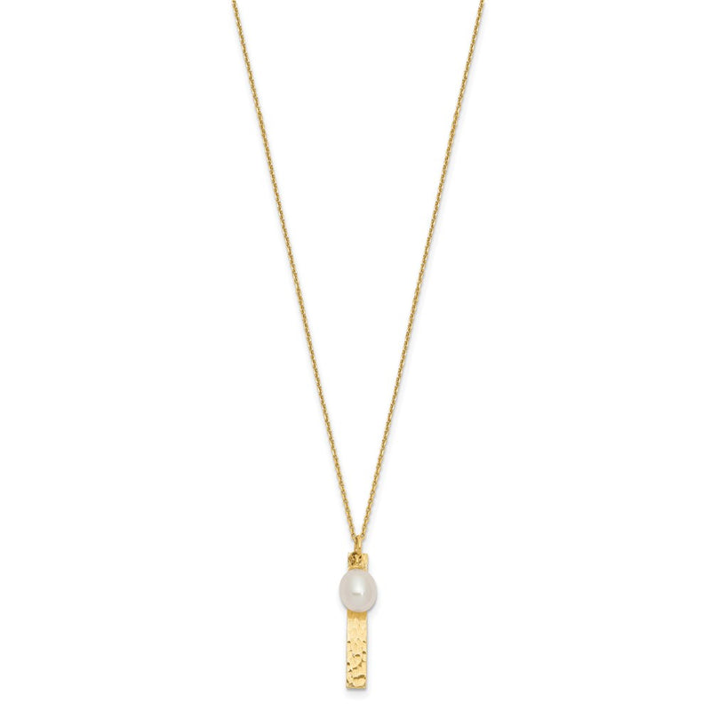14K Yellow Gold Brushed And Hammered 6 7mm White Rice Freshwater Cultured Pearl 17 Inch Necklace
