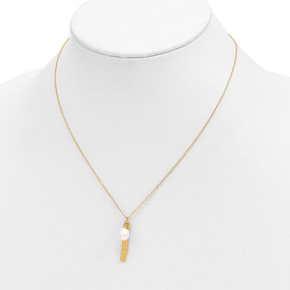 14K Yellow Gold Brushed And Hammered 6 7mm White Rice Freshwater Cultured Pearl 17 Inch Necklace