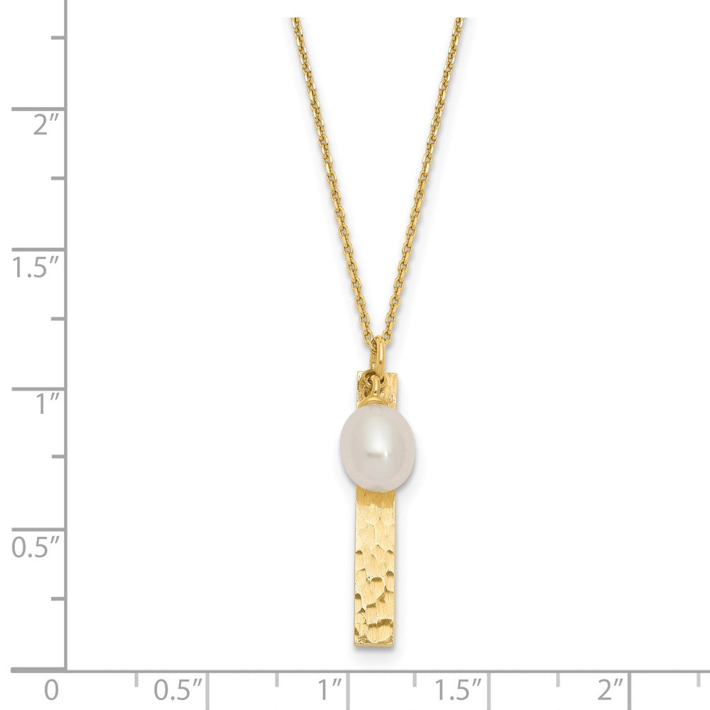 14K Yellow Gold Brushed And Hammered 6 7mm White Rice Freshwater Cultured Pearl 17 Inch Necklace