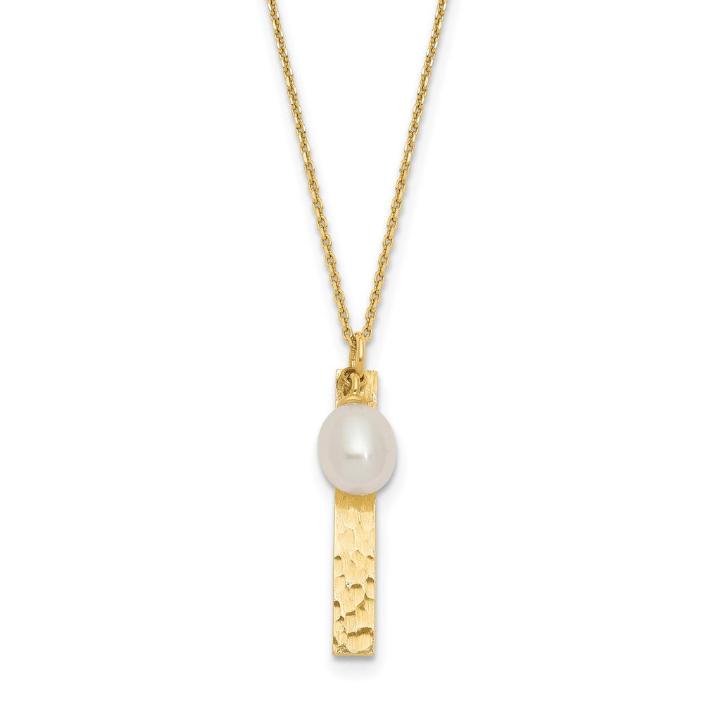14K Yellow Gold Brushed And Hammered 6 7mm White Rice Freshwater Cultured Pearl 17 Inch Necklace