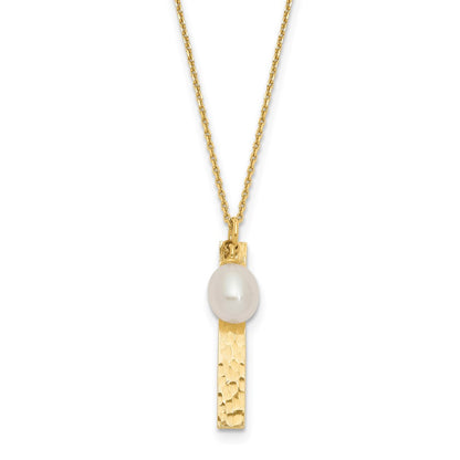 14K Yellow Gold Brushed And Hammered 6 7mm White Rice Freshwater Cultured Pearl 17 Inch Necklace