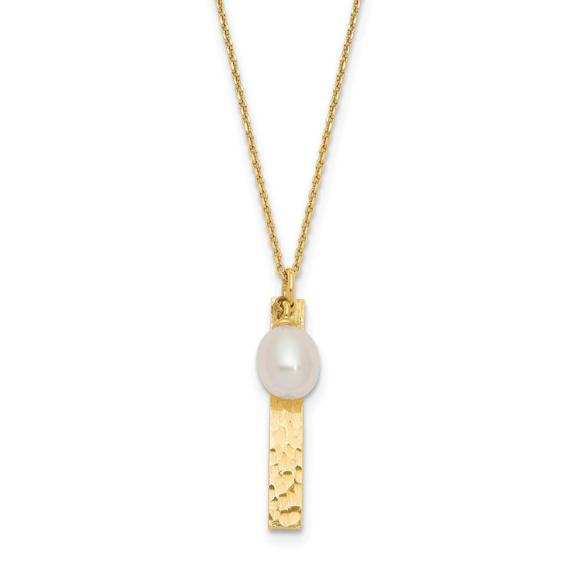 14K Yellow Gold Brushed And Hammered 6 7mm White Rice Freshwater Cultured Pearl 17 Inch Necklace