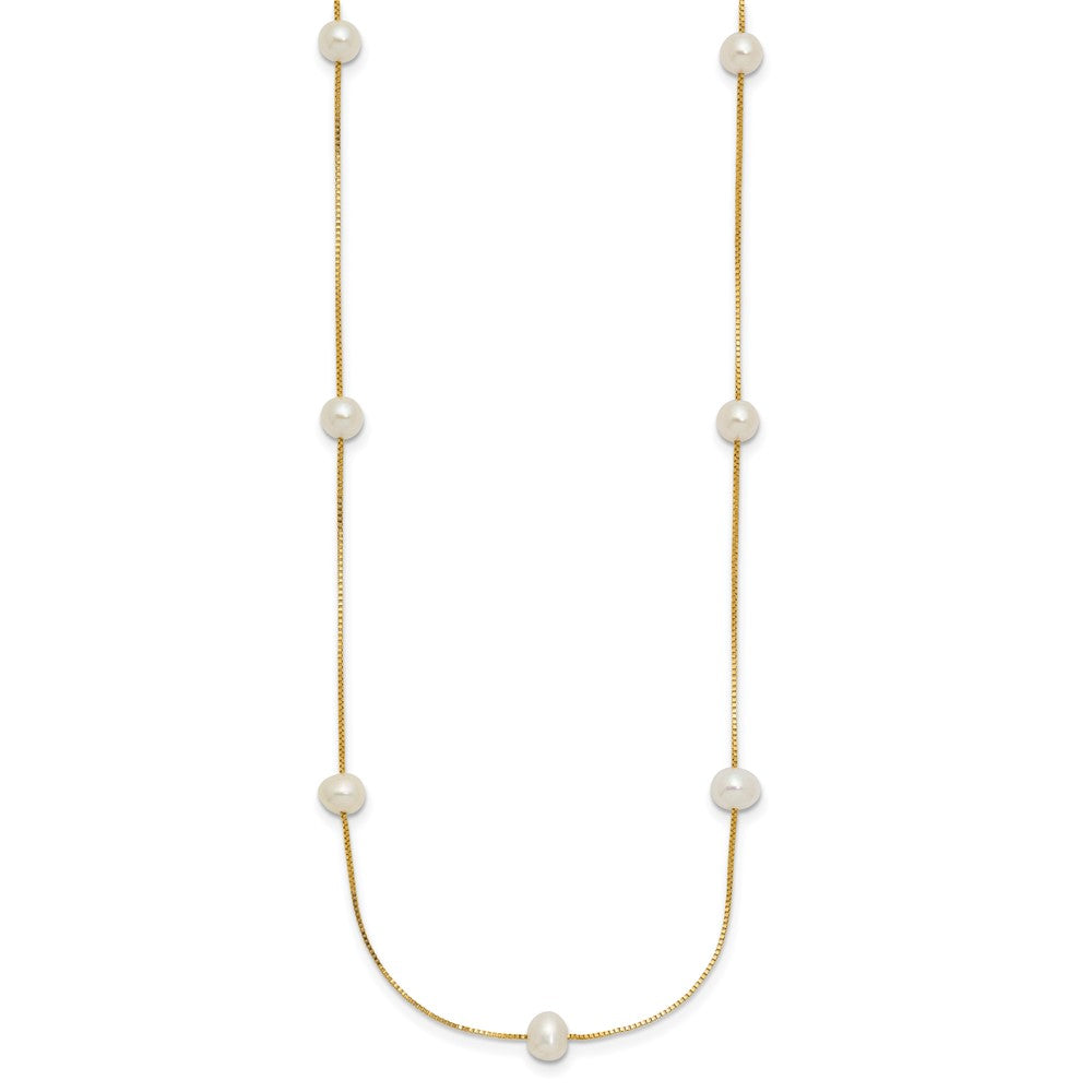 14K Yellow Gold 5 6mm White Near Round Freshwater Cultured Pearl 9 Station 18 Inch Necklace