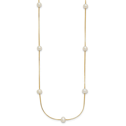 14K Yellow Gold 5 6mm White Near Round Freshwater Cultured Pearl 9 Station 18 Inch Necklace