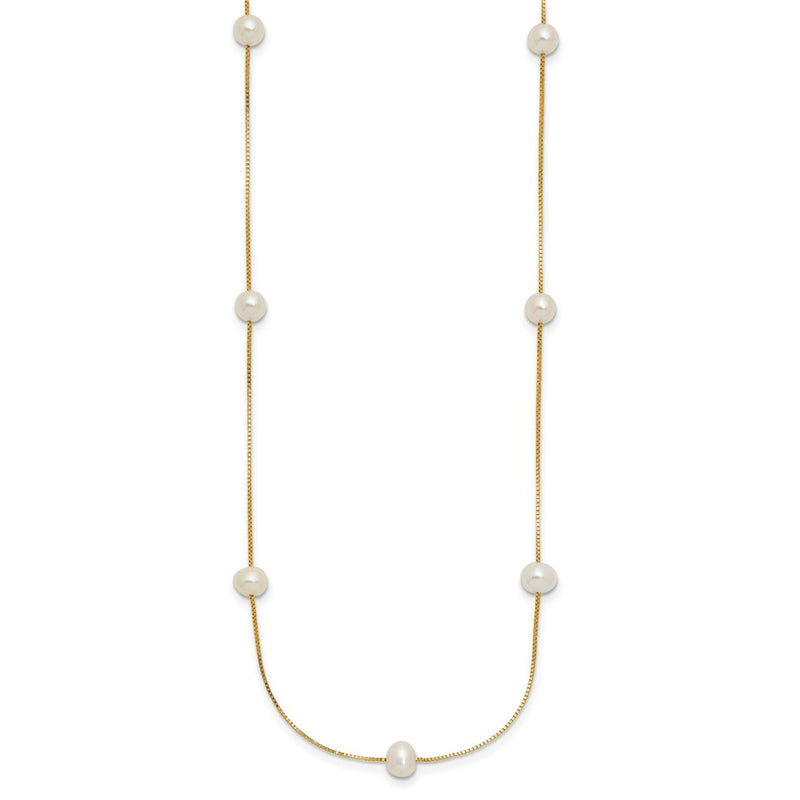 14K Yellow Gold 5 6mm White Near Round Freshwater Cultured Pearl 9 Station 18 Inch Necklace