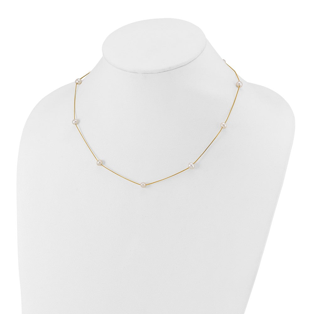 14K Yellow Gold 5 6mm White Near Round Freshwater Cultured Pearl 9 Station 18 Inch Necklace
