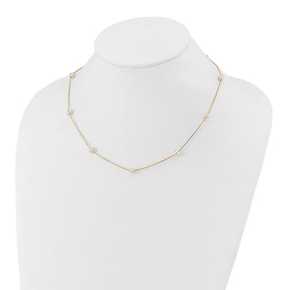 14K Yellow Gold 5 6mm White Near Round Freshwater Cultured Pearl 9 Station 18 Inch Necklace