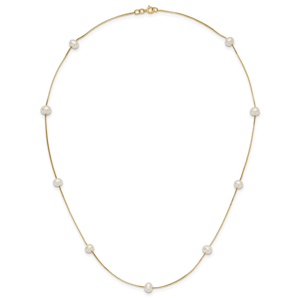 14K Yellow Gold 5 6mm White Near Round Freshwater Cultured Pearl 9 Station 18 Inch Necklace