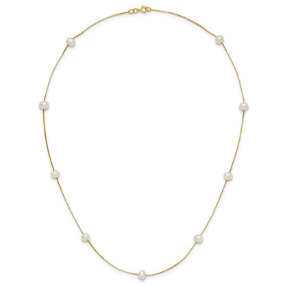 14K Yellow Gold 5 6mm White Near Round Freshwater Cultured Pearl 9 Station 18 Inch Necklace