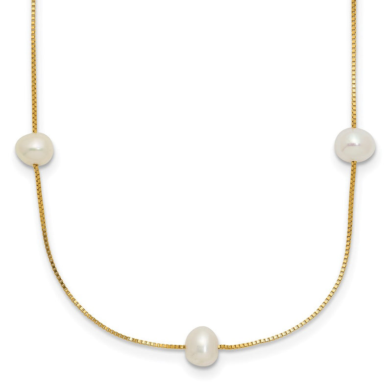14K Yellow Gold 5 6mm White Near Round Freshwater Cultured Pearl 9 Station 18 Inch Necklace