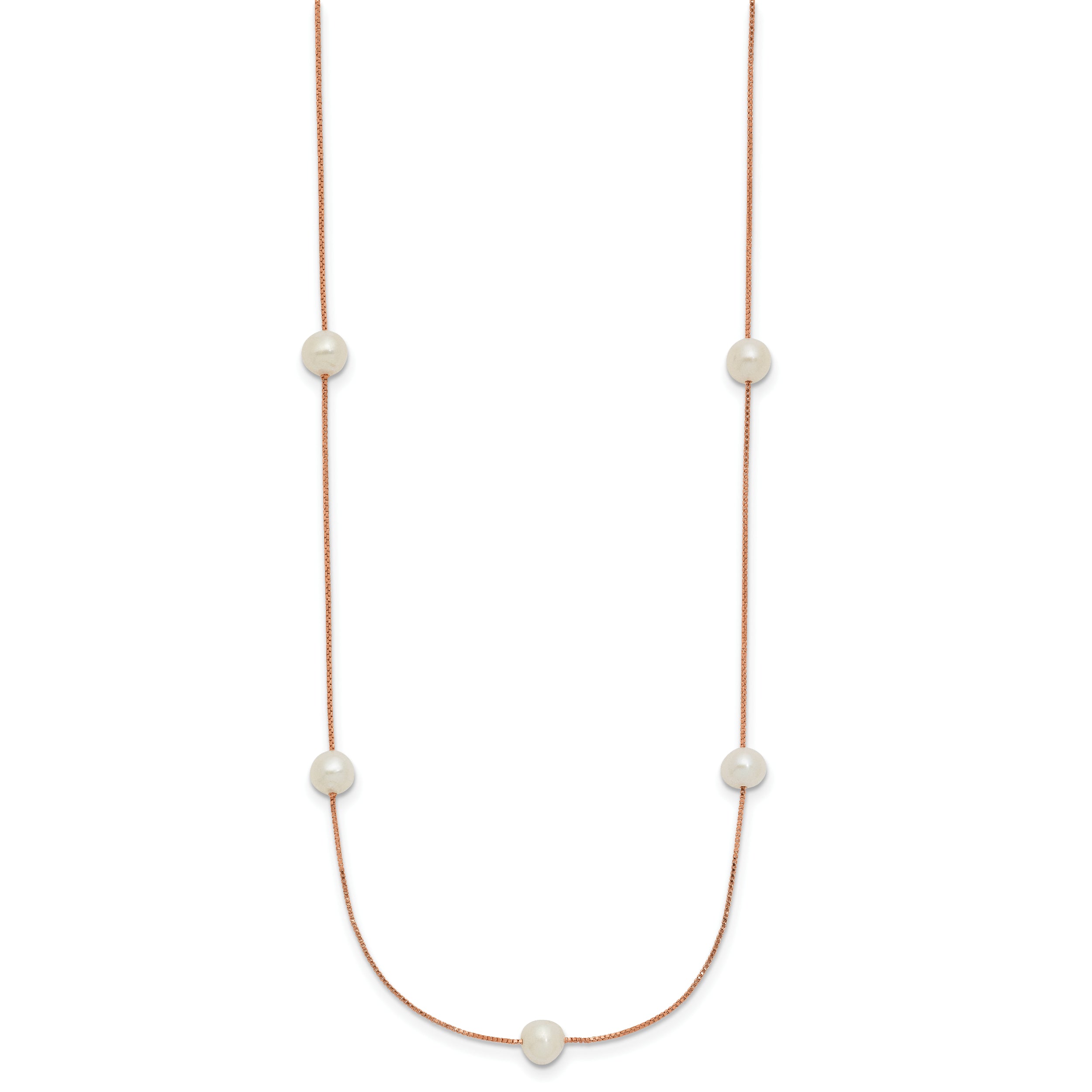 14K Rose Gold 5 6mm White Near Round Freshwater Cultured Pearl 9 Station 18 Inch Necklace