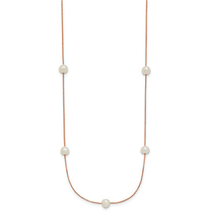 14K Rose Gold 5 6mm White Near Round Freshwater Cultured Pearl 9 Station 18 Inch Necklace
