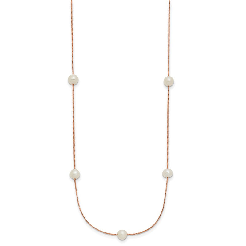 14K Rose Gold 5 6mm White Near Round Freshwater Cultured Pearl 9 Station 18 Inch Necklace