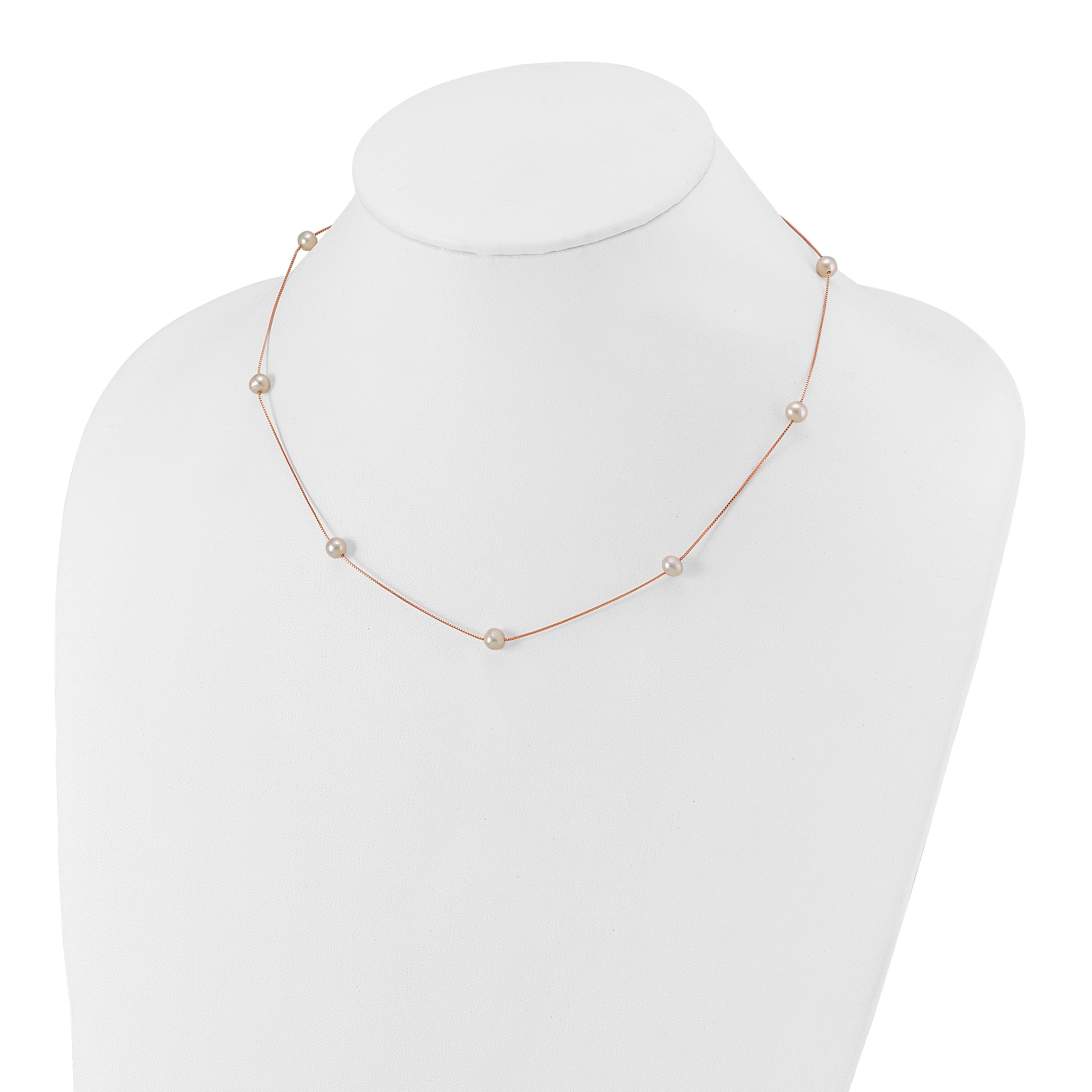 14K Rose Gold 5 6mm White Near Round Freshwater Cultured Pearl 9 Station 18 Inch Necklace