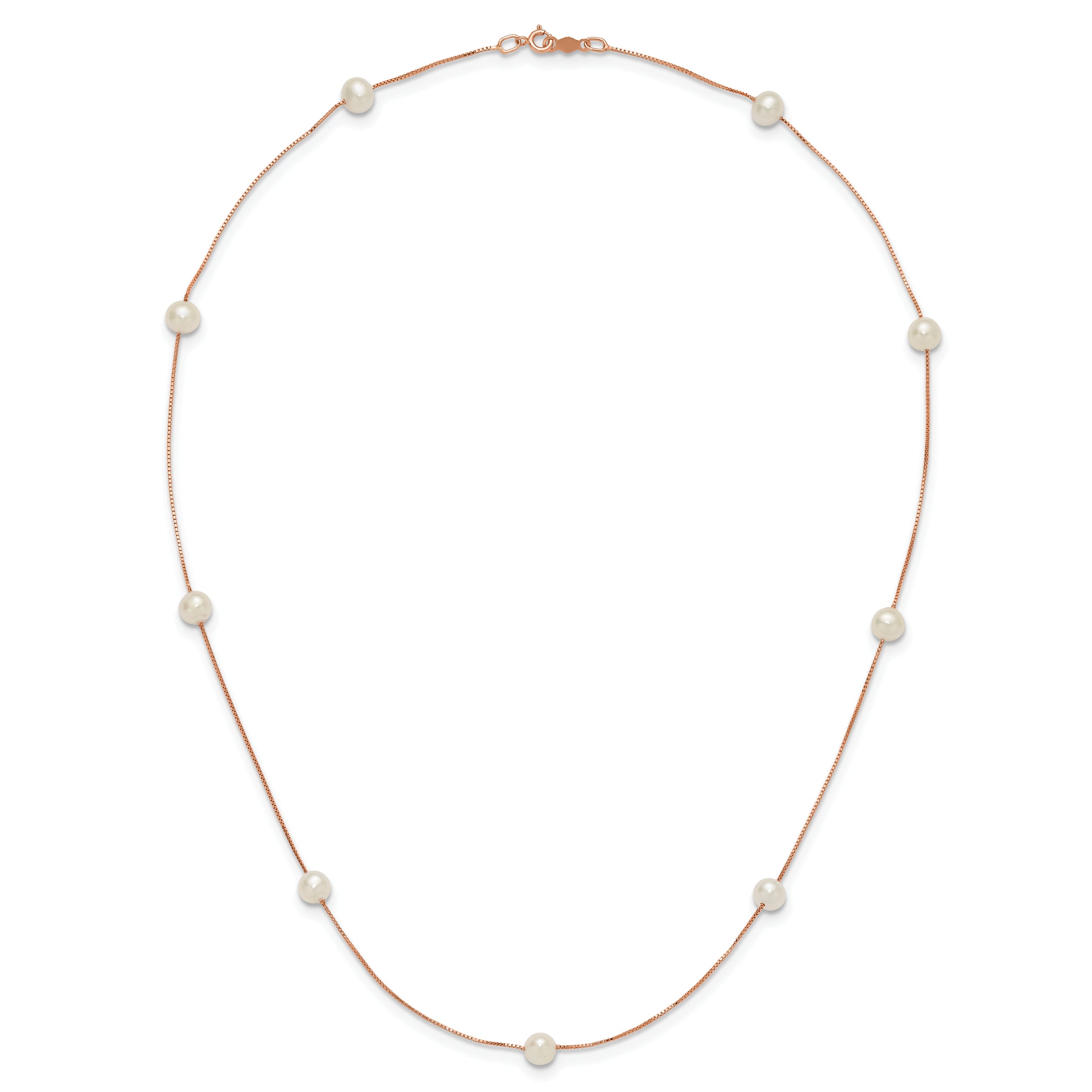 14K Rose Gold 5 6mm White Near Round Freshwater Cultured Pearl 9 Station 18 Inch Necklace