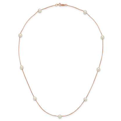 14K Rose Gold 5 6mm White Near Round Freshwater Cultured Pearl 9 Station 18 Inch Necklace