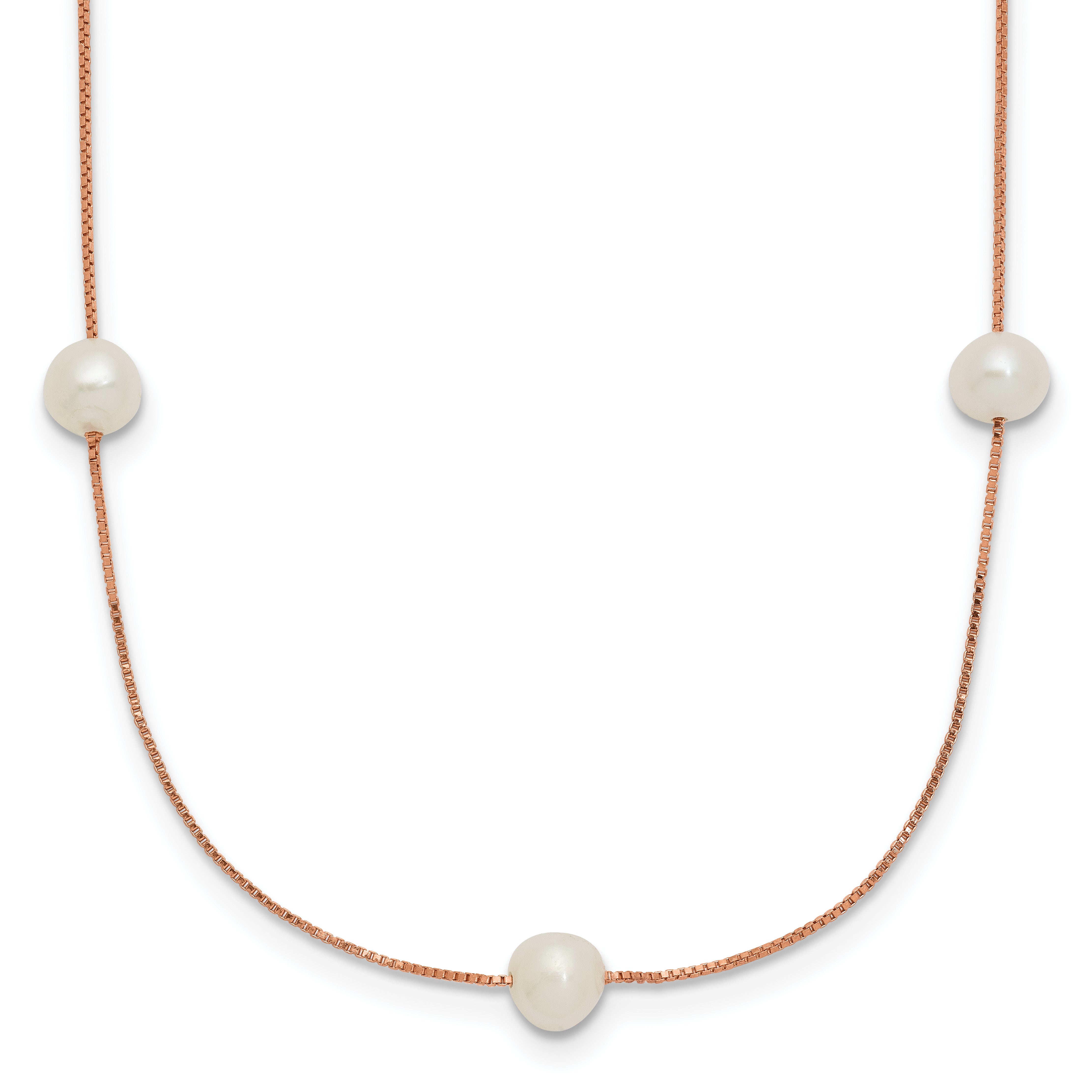 14K Rose Gold 5 6mm White Near Round Freshwater Cultured Pearl 9 Station 18 Inch Necklace