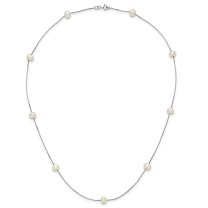 14K White Gold 5 6mm Near Round Freshwater Cultured Pearl 9 Station 18 Inch Necklace