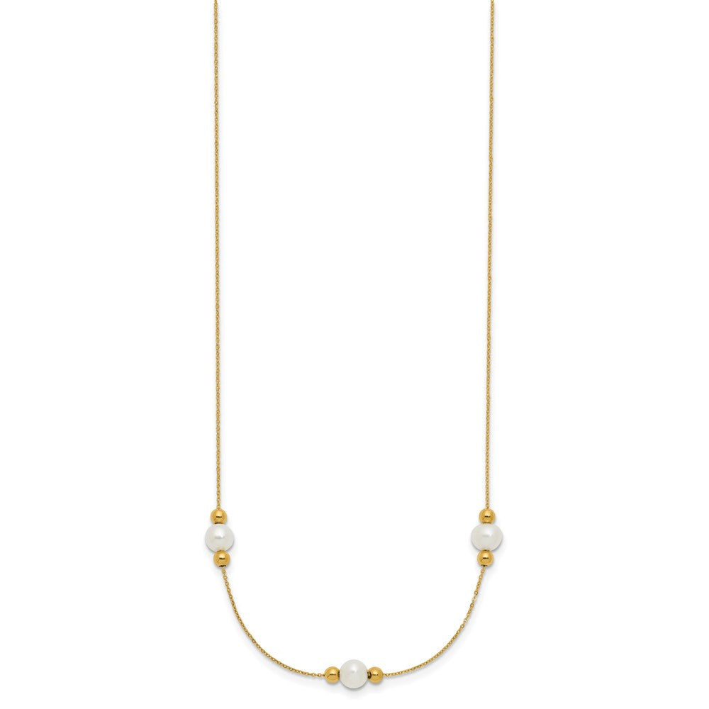 14K Yellow Gold Polished White Round Freshwater Cultured Pearl And Bead 3 Station 16 Inch Necklace Plus 2 Extender