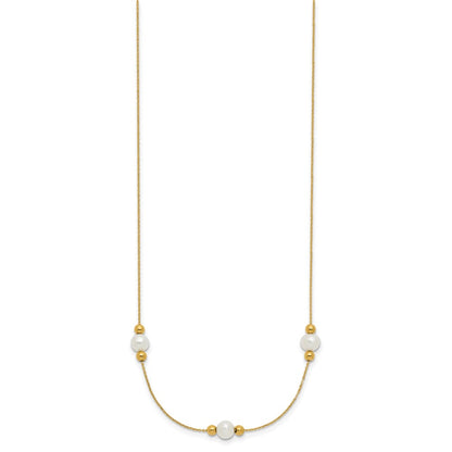 14K Yellow Gold Polished White Round Freshwater Cultured Pearl And Bead 3 Station 16 Inch Necklace Plus 2 Extender