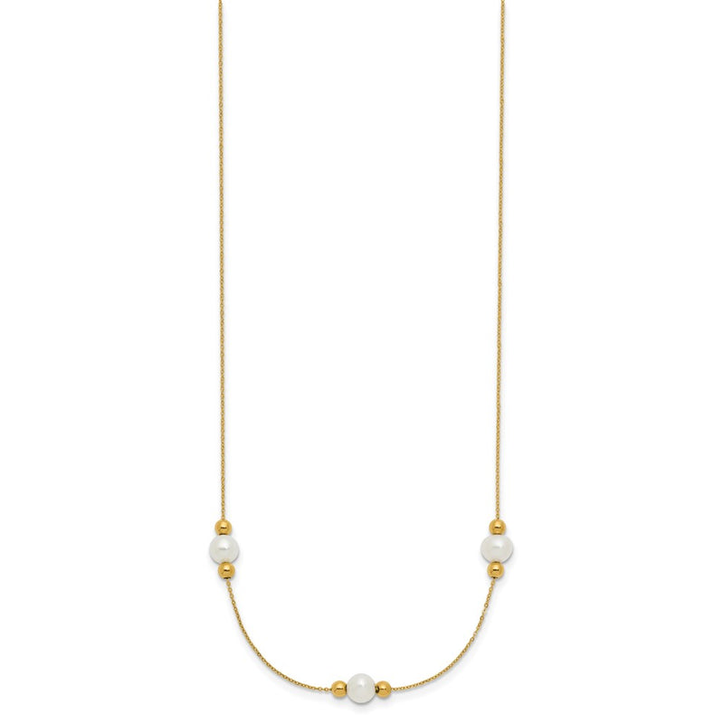 14K Yellow Gold Polished White Round Freshwater Cultured Pearl And Bead 3 Station 16 Inch Necklace Plus 2 Extender