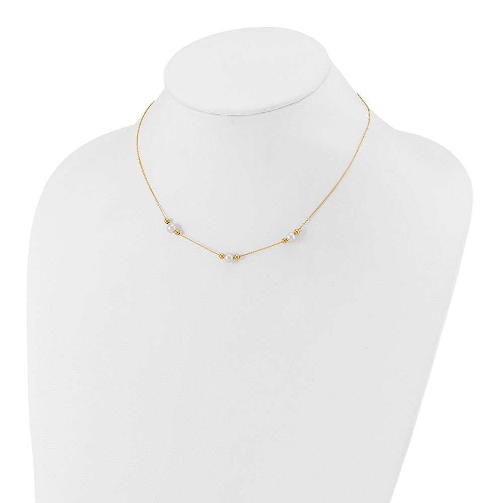 14K Yellow Gold Polished White Round Freshwater Cultured Pearl And Bead 3 Station 16 Inch Necklace Plus 2 Extender